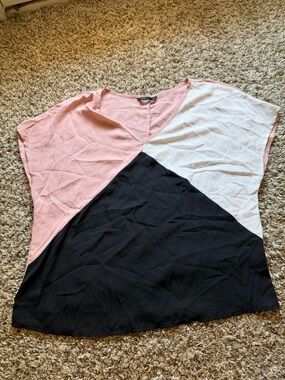 SHEIN Pink, White & Black Colorblock V-Neck Blouse